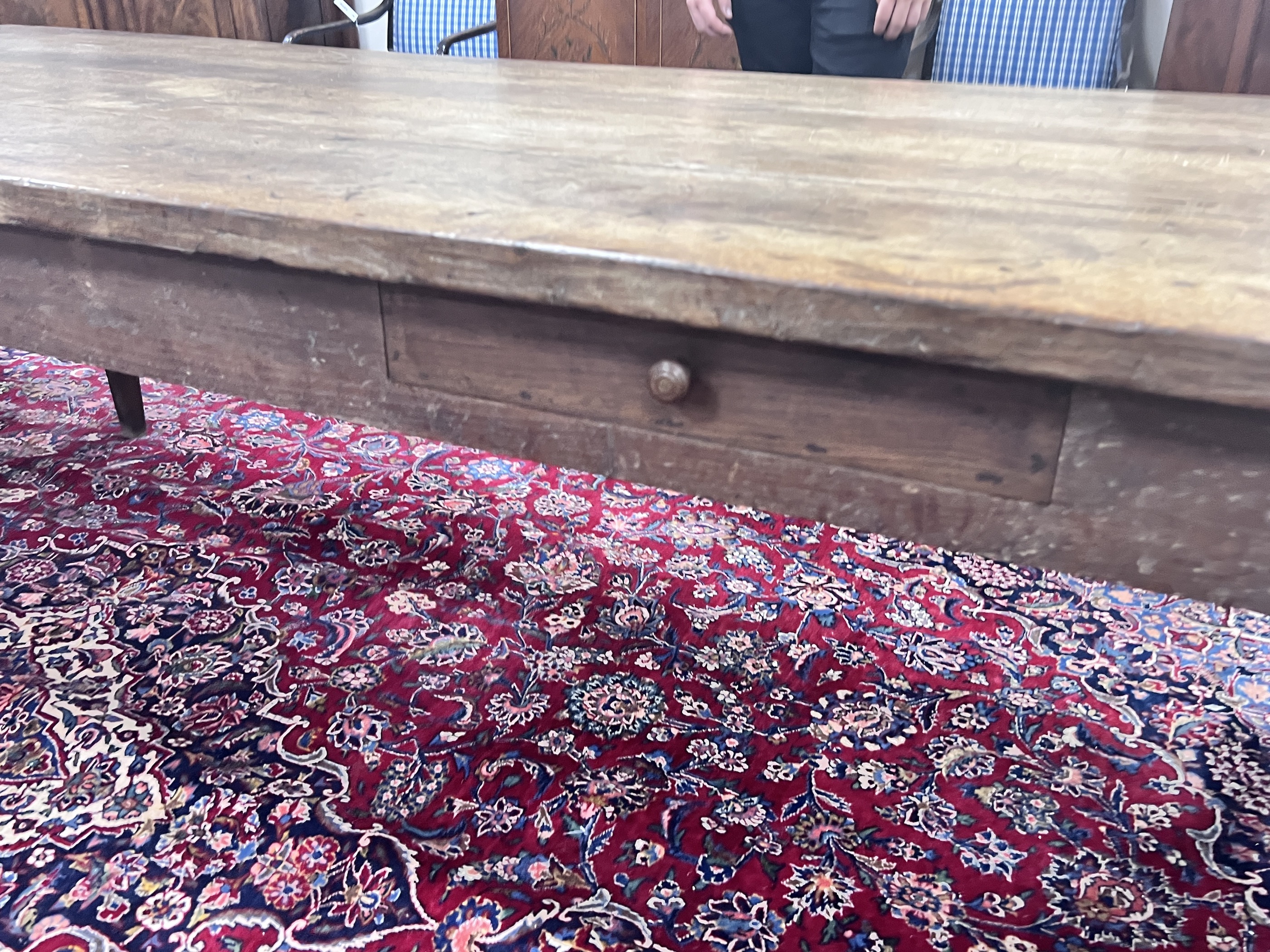 A 19th century French oak two drawer farmhouse table with a four plank top, on square tapered legs, length 239cm, depth 93cm, height 74cm
